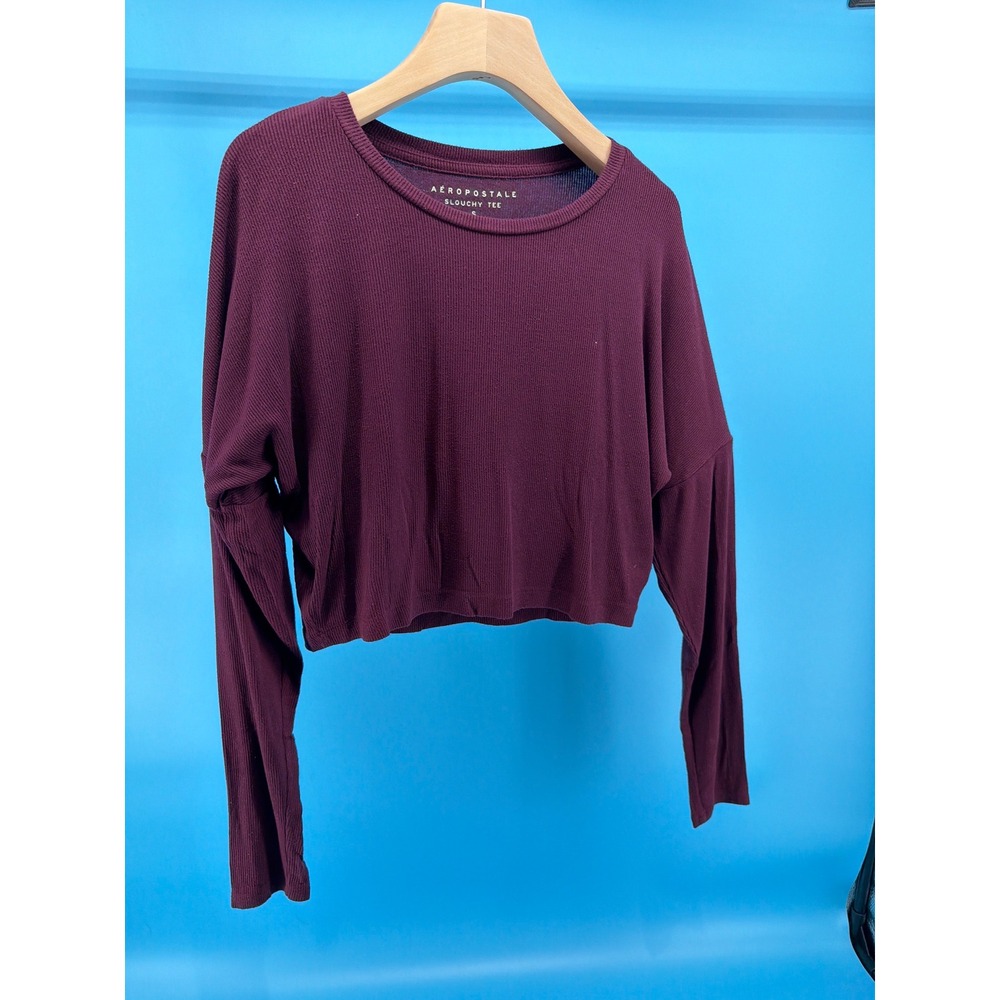Aeropostale Slouchy Tee Womens Small Burgundy Maroon Ribbed Cropped Long Sleeve